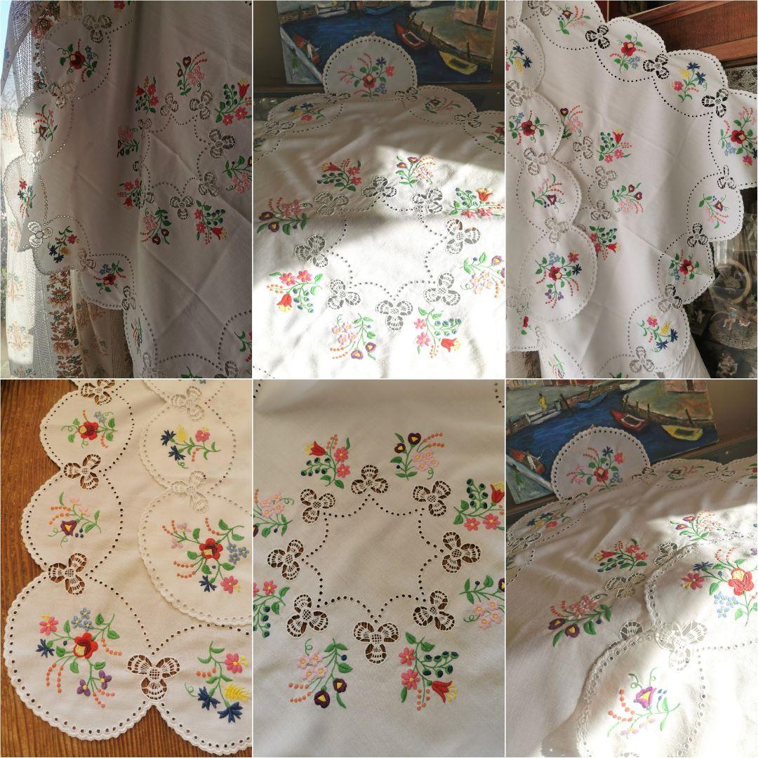 アンティーク ハンガリー カロチャ クローバー透かし刺繍スカラップ リネンクロス