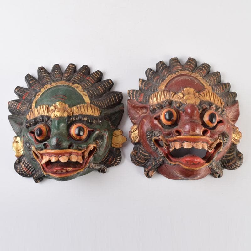 バリ島　インドネシア　木彫彩色　バロン　面　壁飾　一双　V　9089
