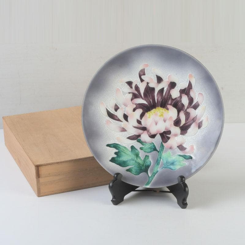 七宝焼　花文　飾皿　皿立付　時代箱　V　9881