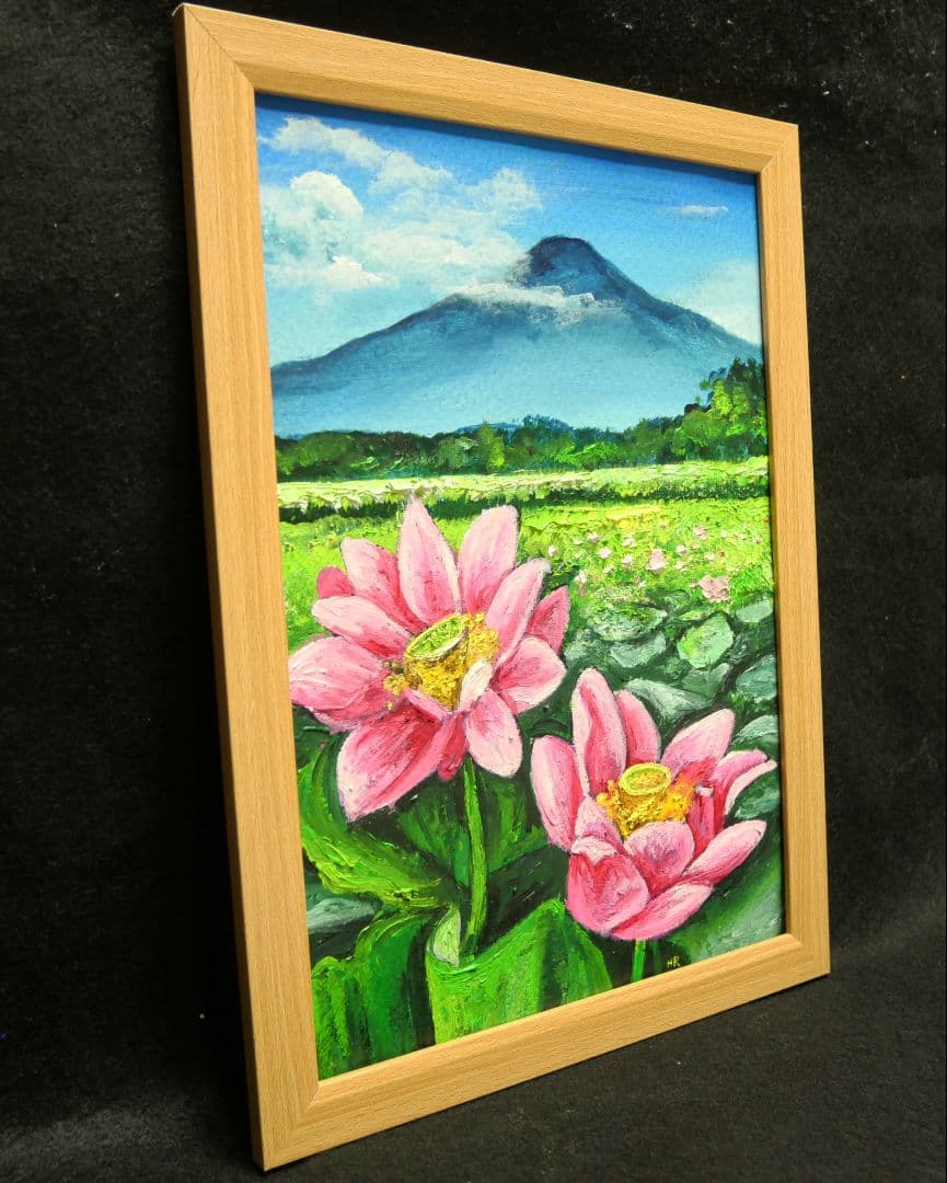 油絵 絵画 【富士山と蓮の花】