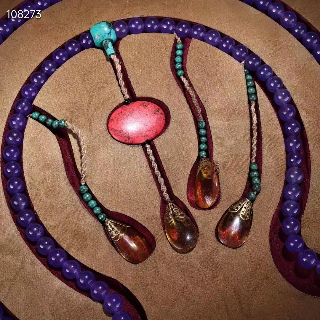 中国古美術・稀少品・極品紫羅蘭翠玉朝珠・刺繍箱付き・時代物・極細工・置物・古賞物