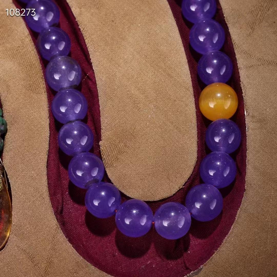 中国古美術・稀少品・極品紫羅蘭翠玉朝珠・刺繍箱付き・時代物・極細工・置物・古賞物