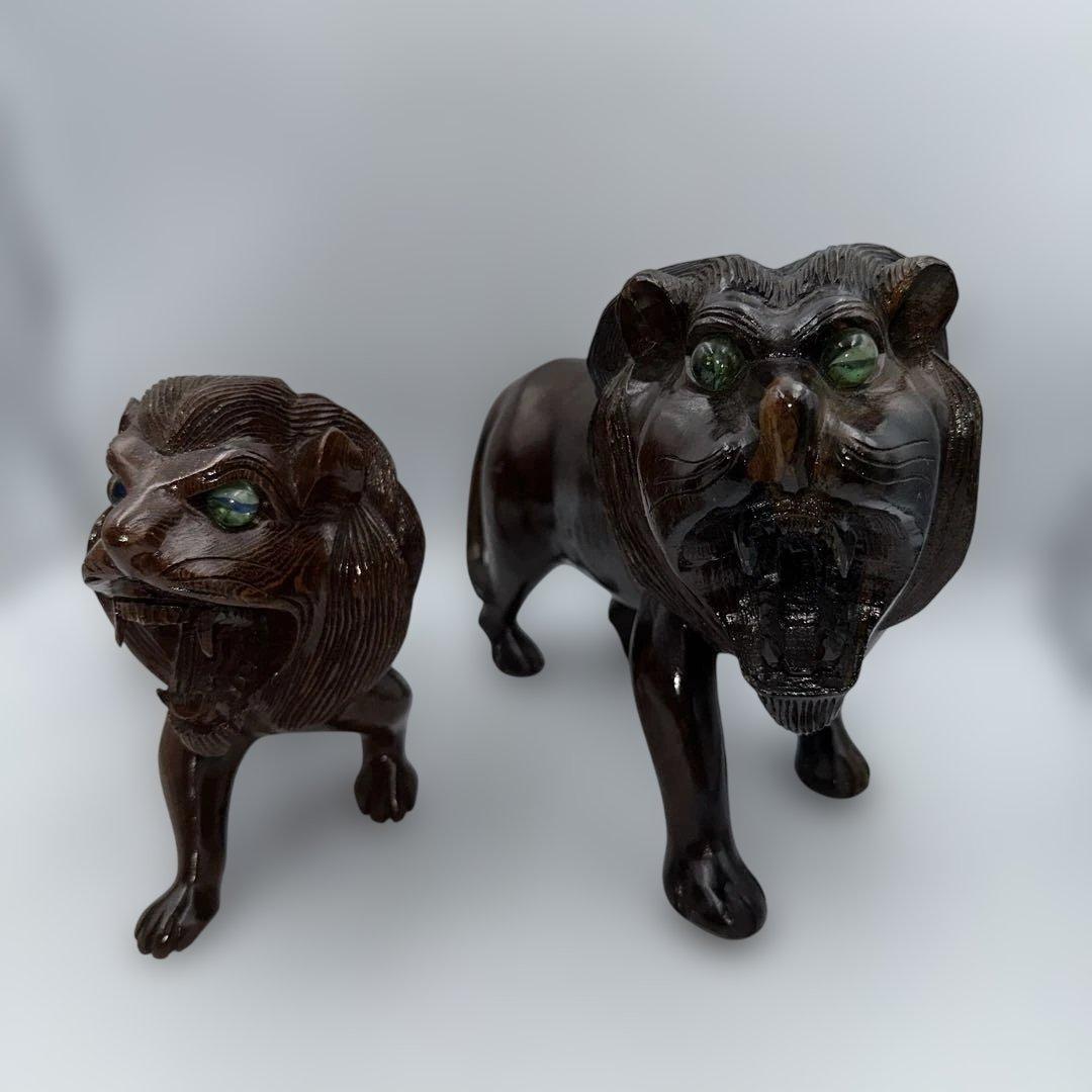 魔除け骨董品ライオンの木製彫刻 2体セット