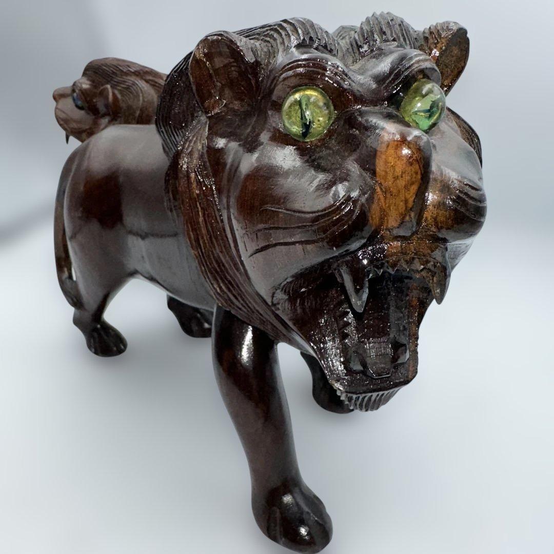 魔除け骨董品ライオンの木製彫刻 2体セット