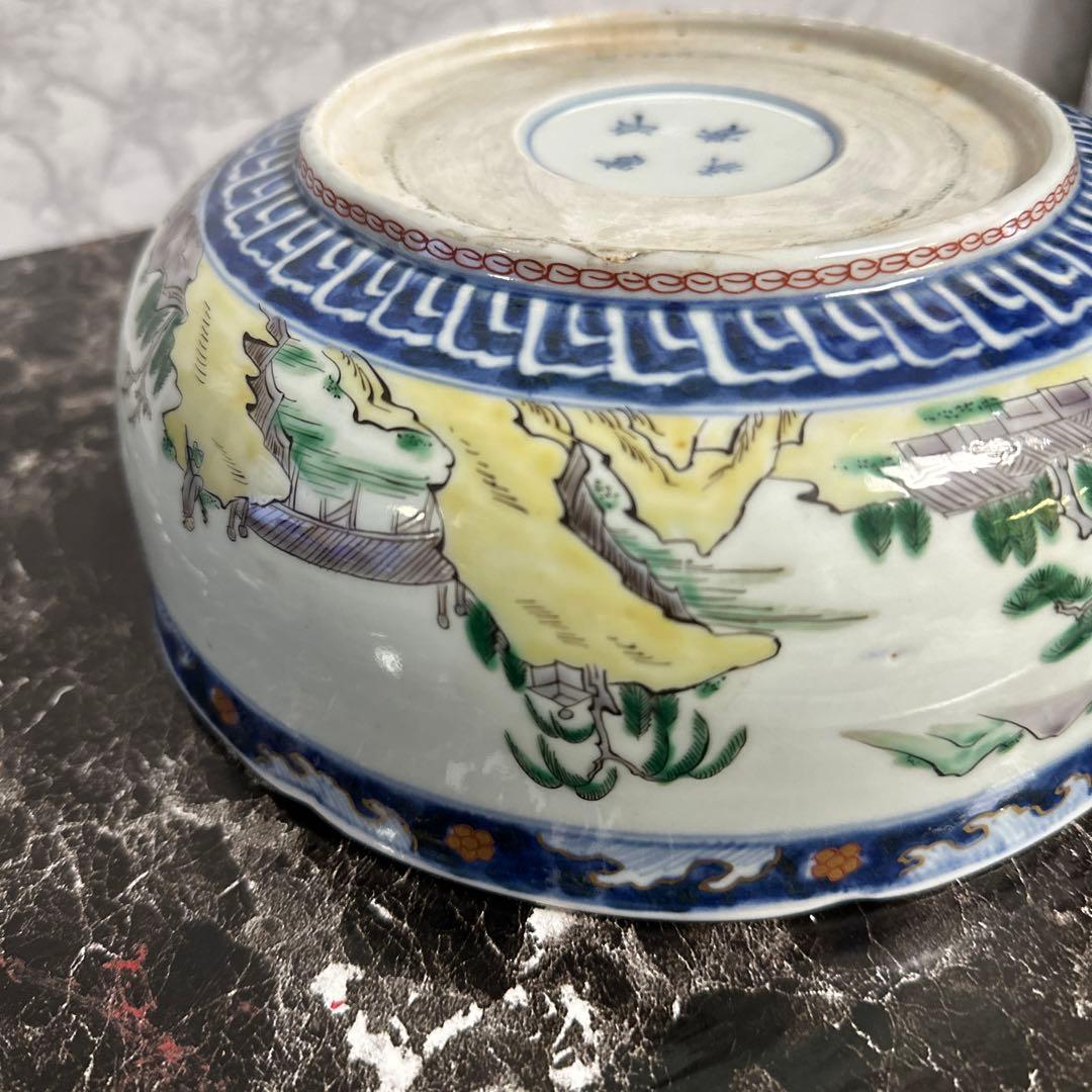 古伊万里、赤絵南蛮船、竜宮図輪花鉢、江戸時代。本物保障。