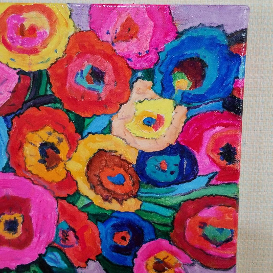 キャンバス油絵　専用　カラフルなお花とモノトーンの食器があるテーブル