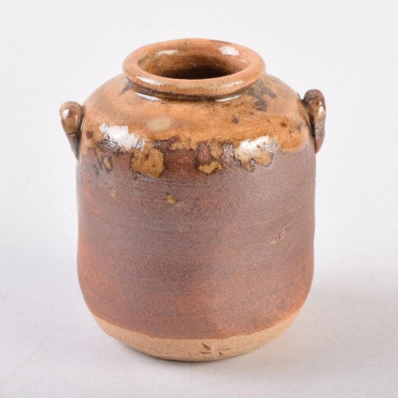 茶道具　萩焼　守繁栄徹作　耳付茶入　名物鷄頭金襴仕覆付　共布共箱　V　8498