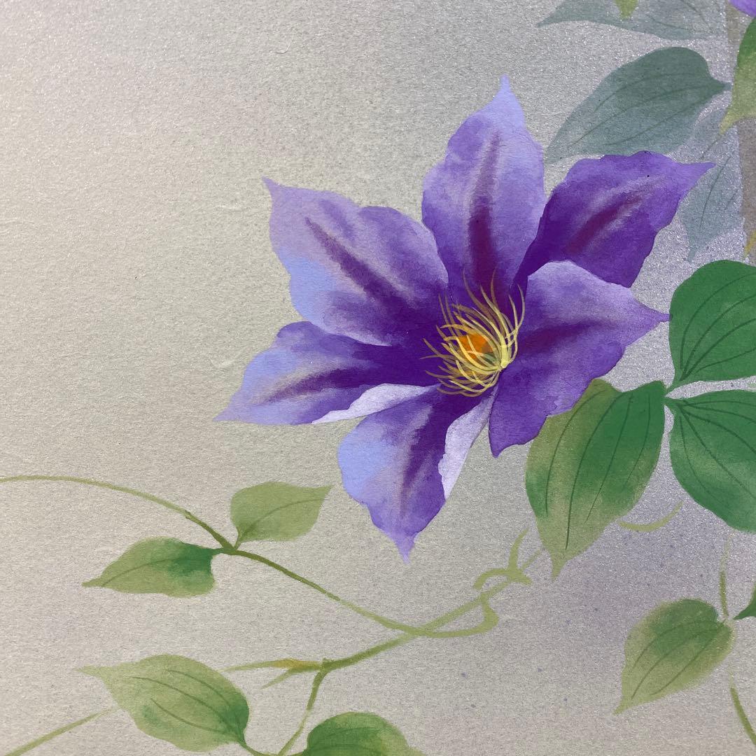 美品 掛け軸 遠田一成作 鉄線花図 共箱 太巻き付 二重箱