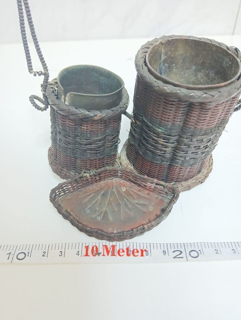 江戸時代武家旧家蔵出古銅製編込み細工茶道具置物アンティーク飾りコレクション