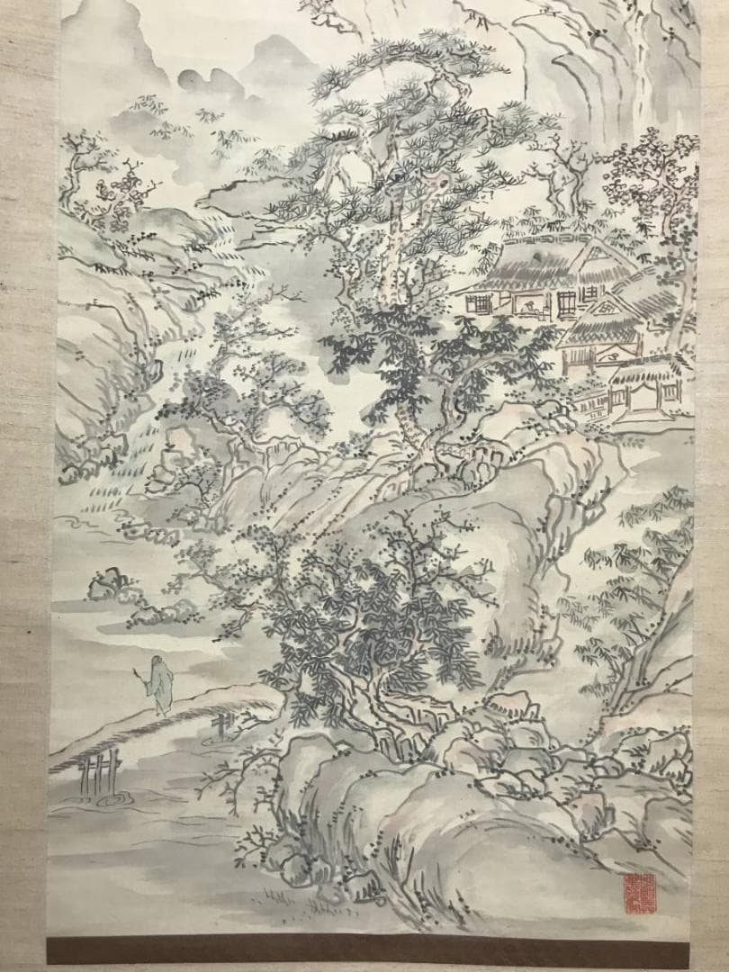 【真作】桂香/山水人物画賛/山水図/訪友図/掛軸/名家伝来/AC-372