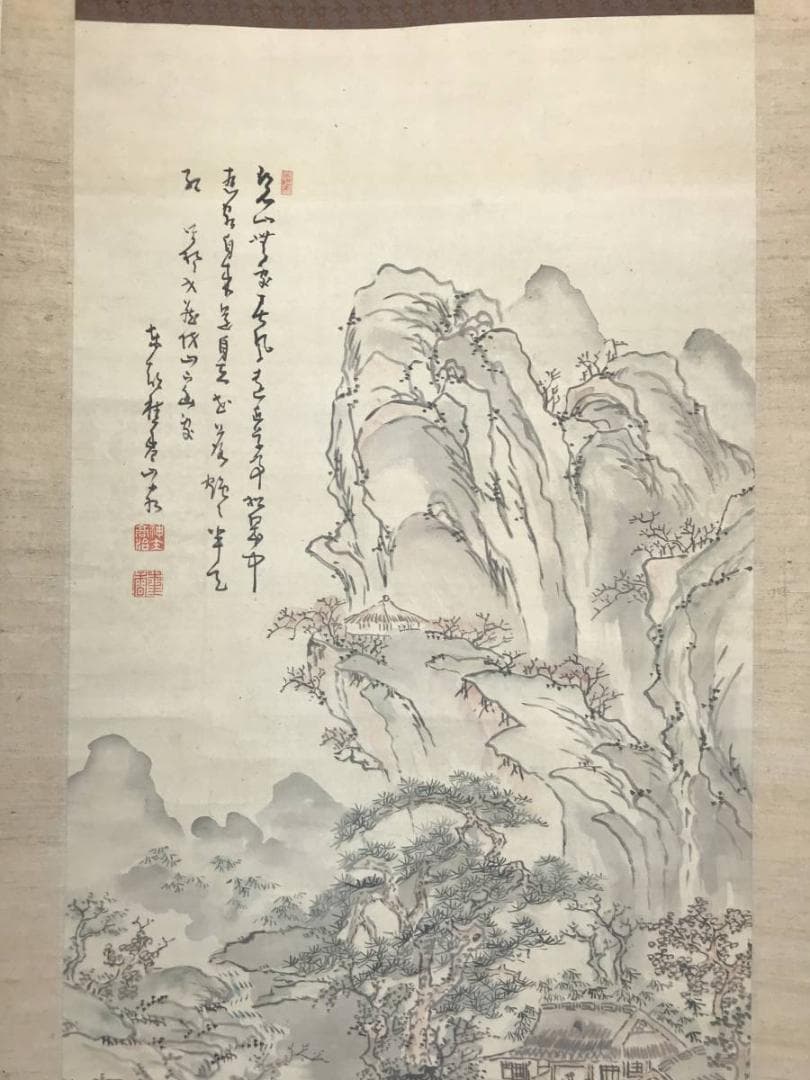 【真作】桂香/山水人物画賛/山水図/訪友図/掛軸/名家伝来/AC-372