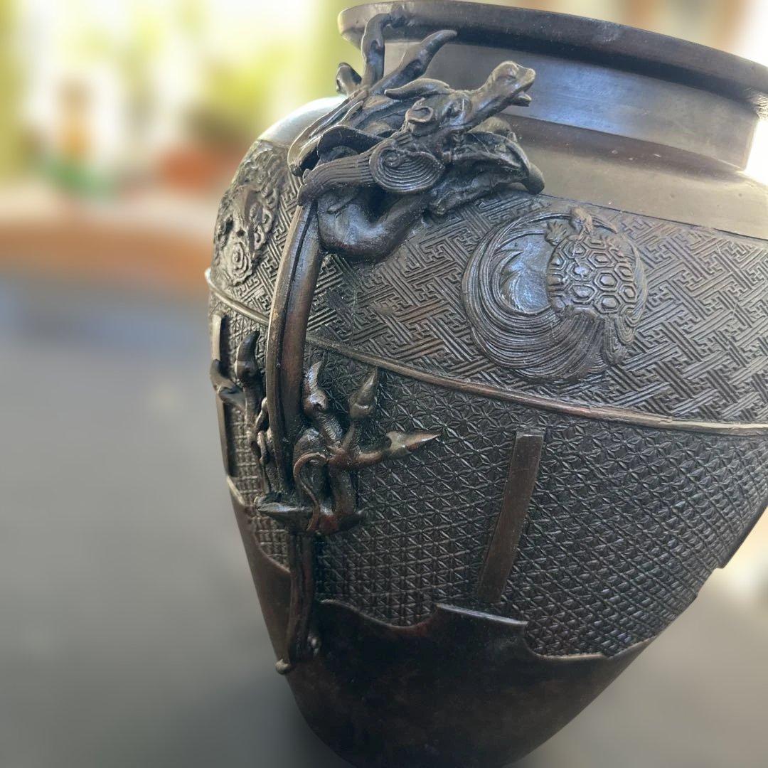 【アンティーク　骨董品】真鍮製　銅製耳付き花瓶　龍　鳳凰　茶道具　銅鉄器　縁起物