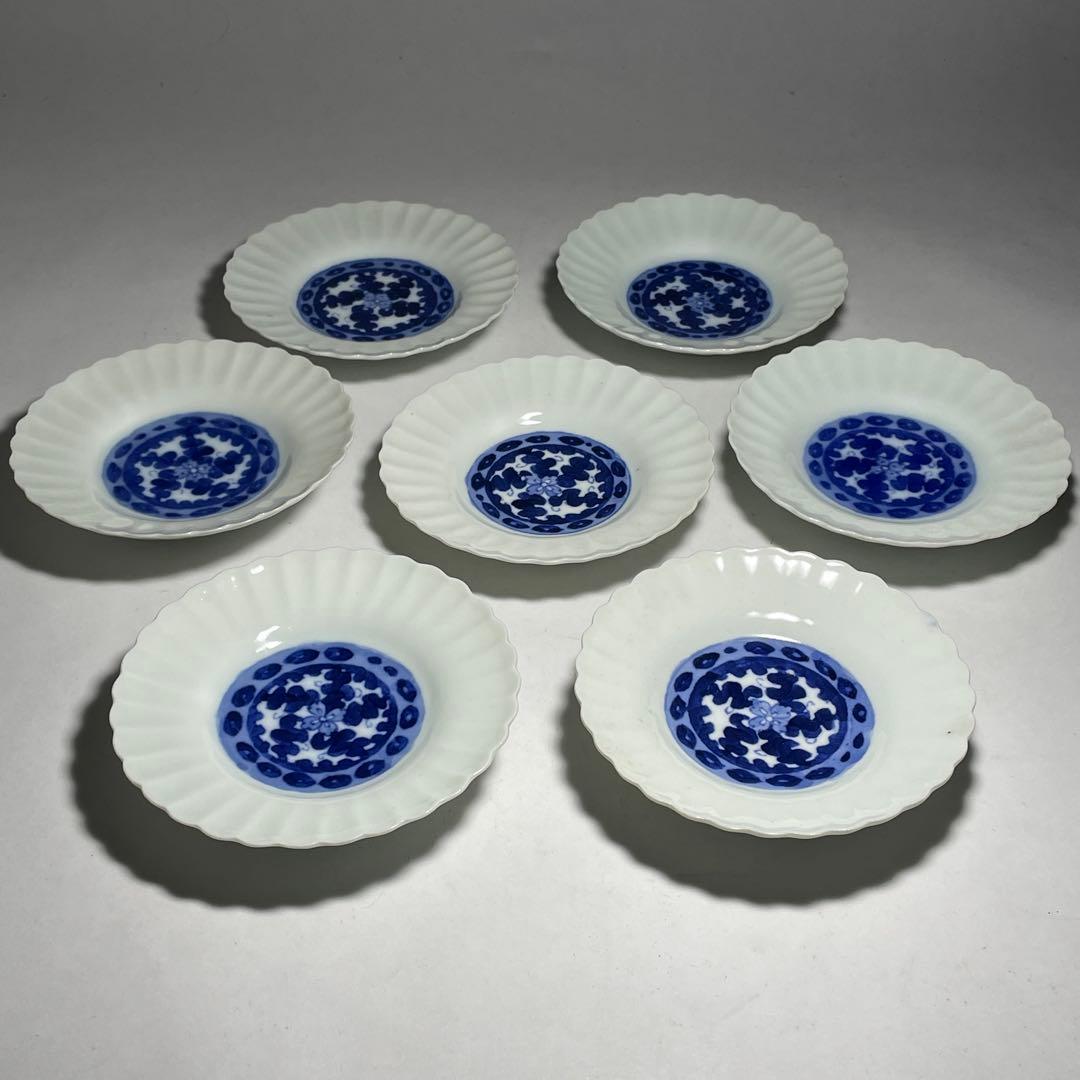 ◆染付菊形輪花皿7枚 花文 小皿中皿 旧家蔵出し品 美品 江戸幕末期〜明治初期◆