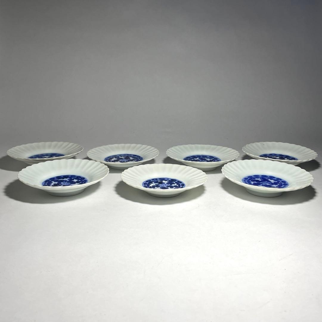 ◆染付菊形輪花皿7枚 花文 小皿中皿 旧家蔵出し品 美品 江戸幕末期〜明治初期◆