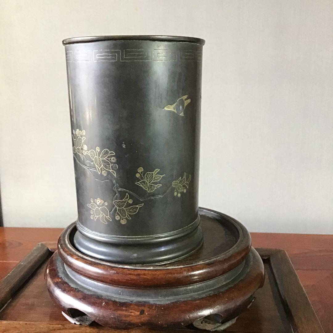 古銅地　木蓮花極細密象嵌　　筆筒　　明治期