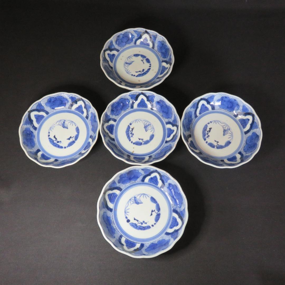 なます皿 5枚 江戸 蛇の目 唐草 松竹梅 窯傷 歪み 蔵出し