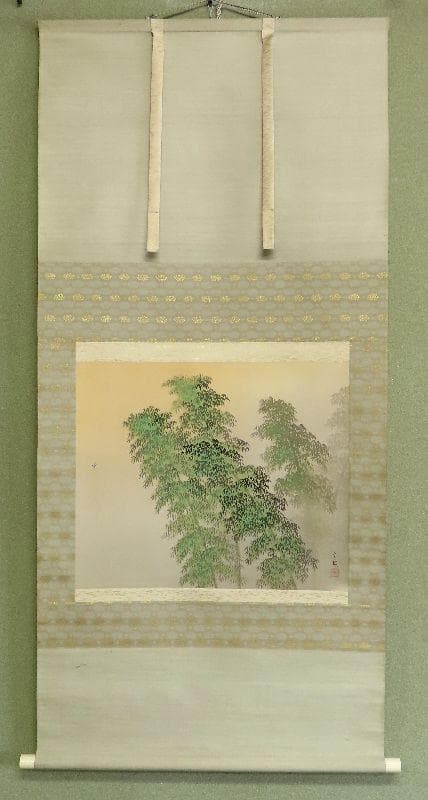 掛軸●　長野草風　『春篁』　共箱　　【竹　雀　師：川合玉堂】