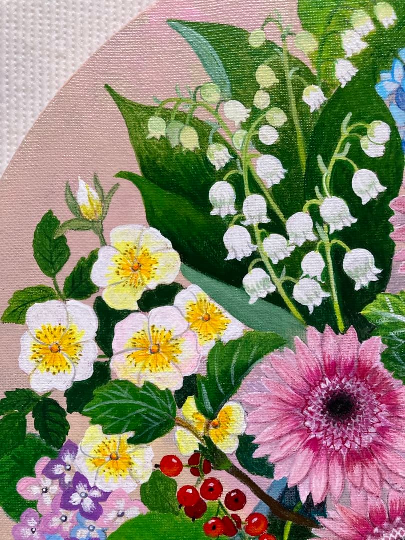 花の絵　アクリル画　原画「スズランとスグリの実のあるアレンジ」30cm