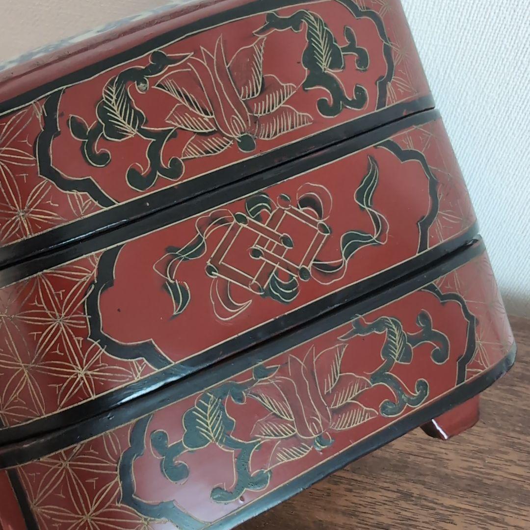 中国古玩　古染付上蓋　三段取手付重　漆器 菓子器・喰籠 古美術　骨董