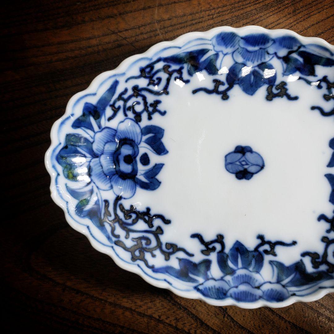 染付　舟形皿　変形皿　角福　古伊万里　牡丹唐草　唐花文　花弁縁　江戸　ロ号　欠け