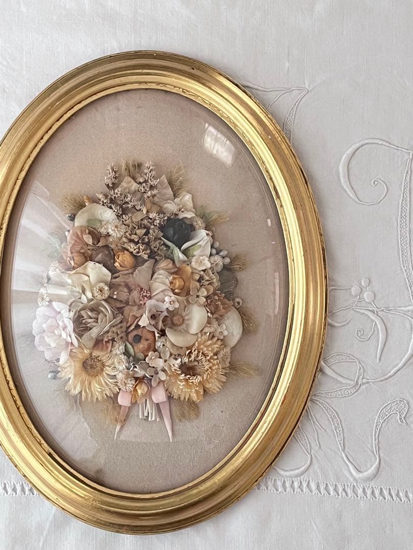 【美品】フランスアンティーク ドライフラワー ドーム ゴールドフレーム 3640
