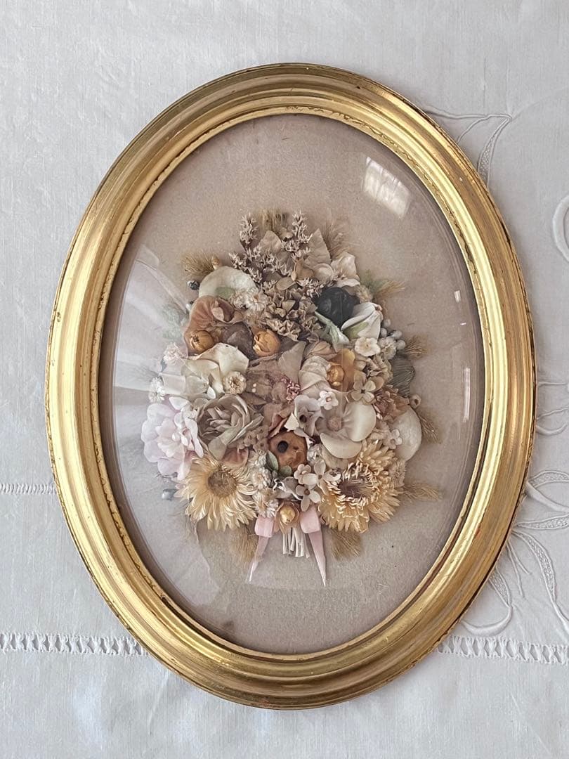 【美品】フランスアンティーク ドライフラワー ドーム ゴールドフレーム 3640
