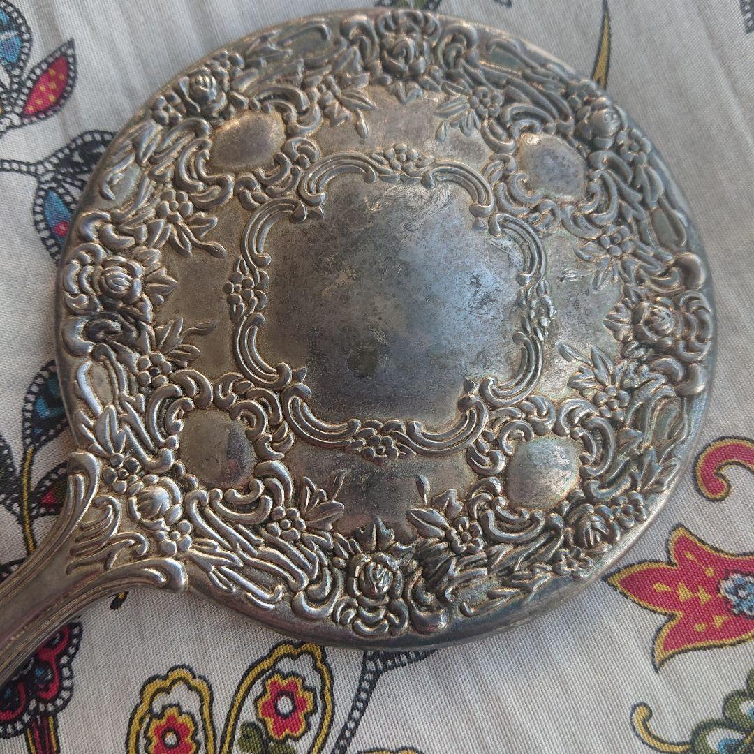 アンティーク 銀メッキ 手鏡 花柄