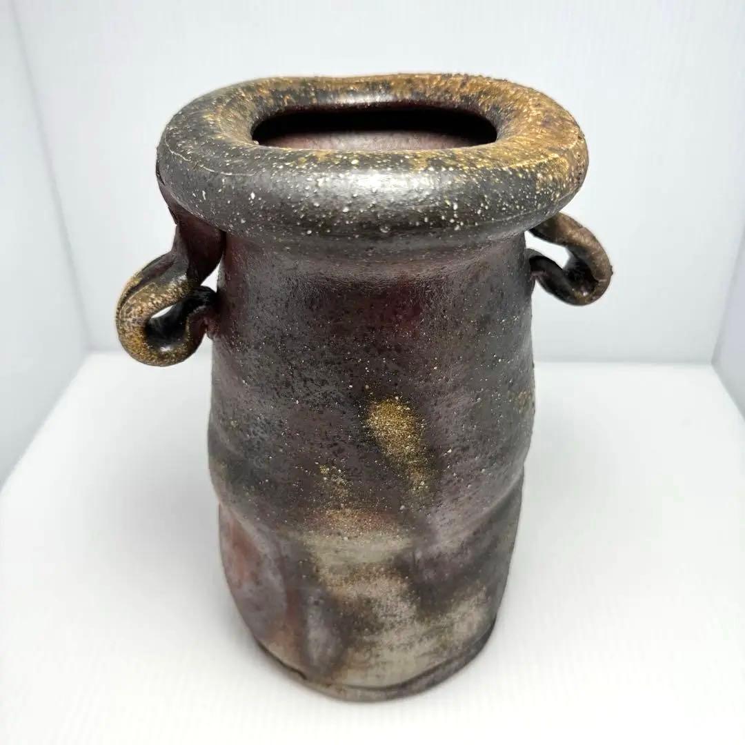 未使用 備前焼 斉藤隆 持ち手付き 花生 花瓶 花器 壺 伝統工芸 美術品