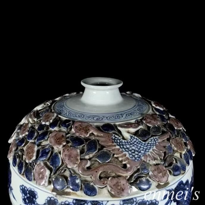 中国古美術✦青花釉裏紅捏花蕭何月下で韓信を追う梅瓶✦文房具・純手描き・陶芸・花瓶