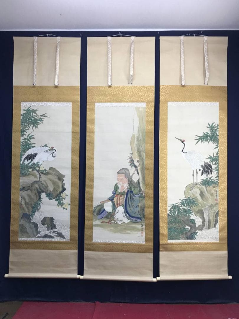 【真作】永年/寿老人竹鶴図/人物図/花鳥図/三幅対/掛軸/名家伝来/AC-787