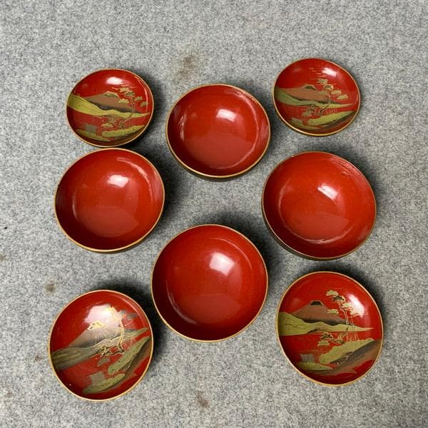 会津塗鉄錆塗木製蒔絵富士山吸物椀4個[B34143]