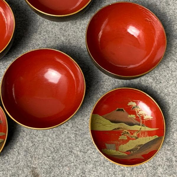 会津塗鉄錆塗木製蒔絵富士山吸物椀4個[B34143]