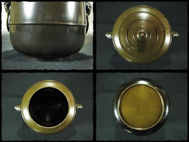 メル84937！唐銅 皆具 一揃 八尾 祥栄 鬼面耳付水指 建水杓立f68