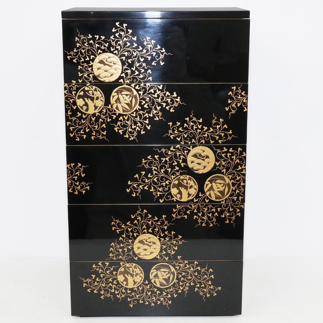 漆器　金蒔絵 花唐草 松竹梅 重箱　 塗師　鐵二　共箱 共布