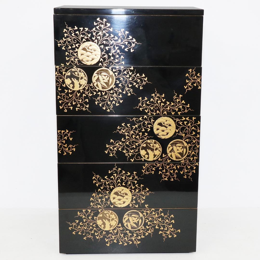 漆器　金蒔絵 花唐草 松竹梅 重箱　 塗師　鐵二　共箱 共布