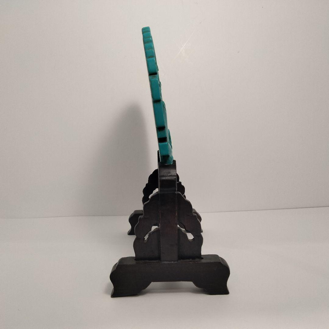 S196 細密彫刻 砡 孔雀石 陽刻 漢詩草原馬文 硯屏 高さ19㎝ 唐木台付