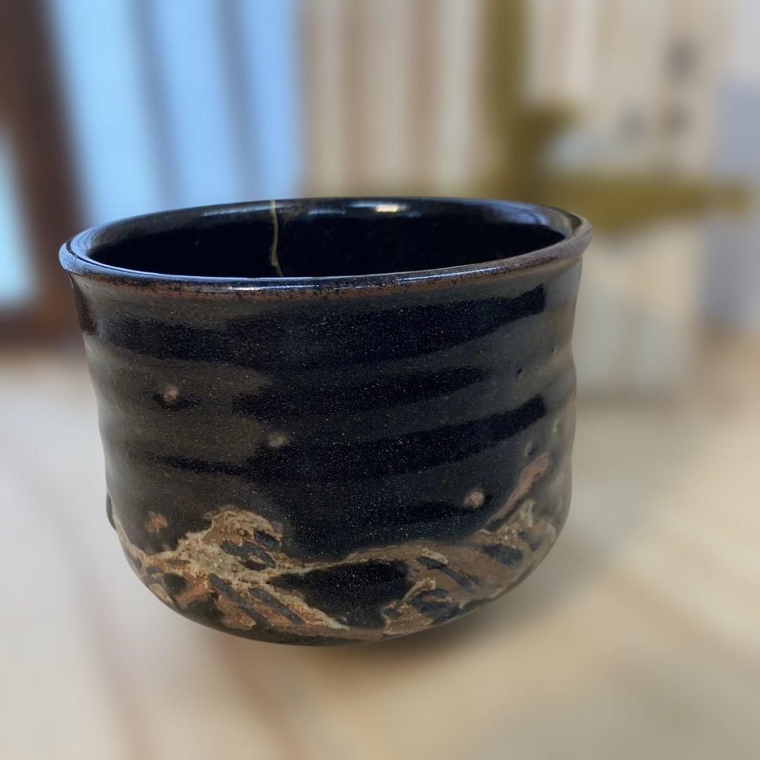 茶道具　茶碗　黒茶碗半筒　金継有り　夜寒窯造　共箱　N212CW