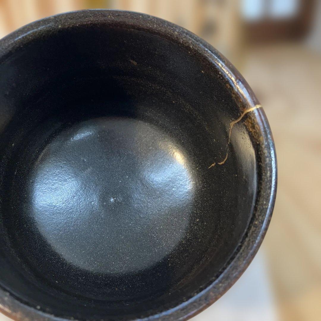 茶道具　茶碗　黒茶碗半筒　金継有り　夜寒窯造　共箱　N212CW