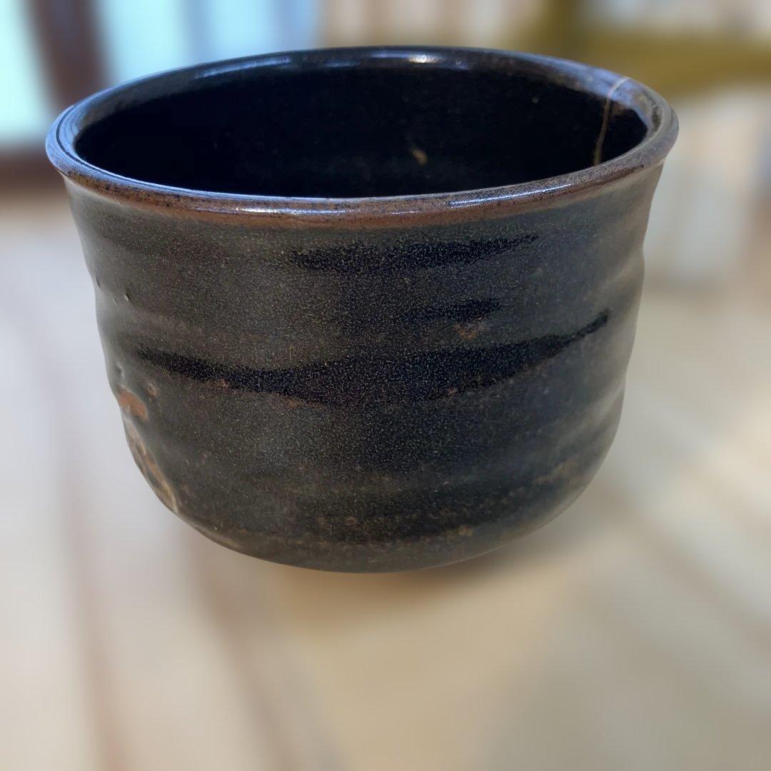 茶道具　茶碗　黒茶碗半筒　金継有り　夜寒窯造　共箱　N212CW