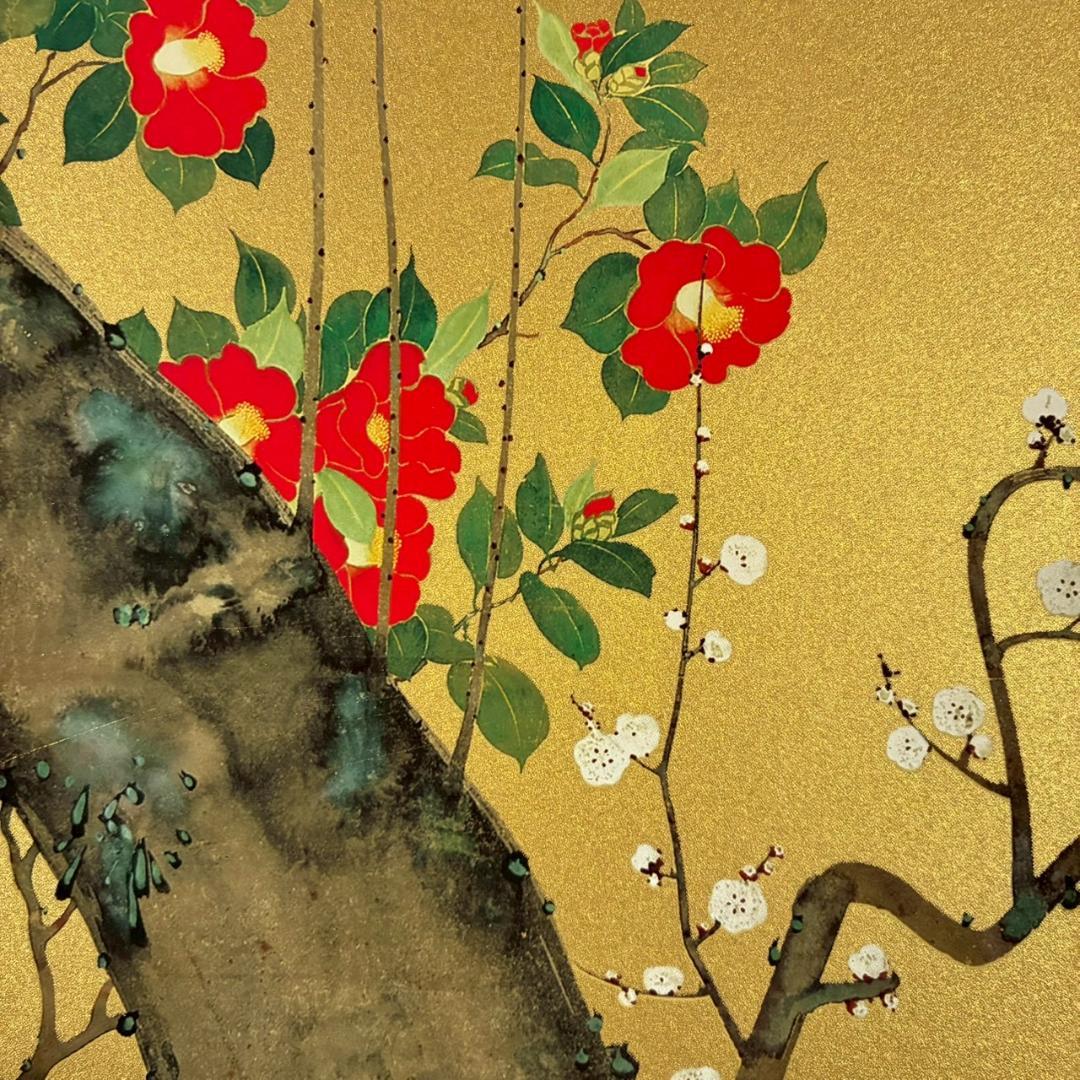 美品 鈴木其一「梅椿図屏風」工芸品 額縁入り 琳派 名画 和風 骨董 日本画