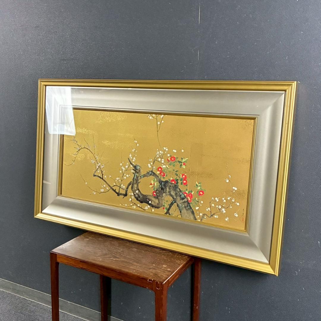 美品 鈴木其一「梅椿図屏風」工芸品 額縁入り 琳派 名画 和風 骨董 日本画