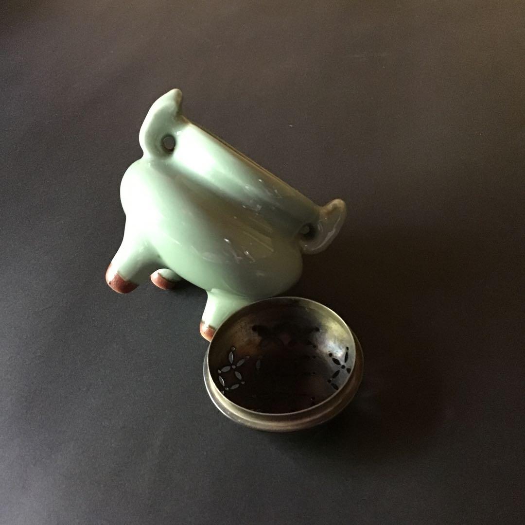 青磁　銀製麻の葉透かし火屋　香炉