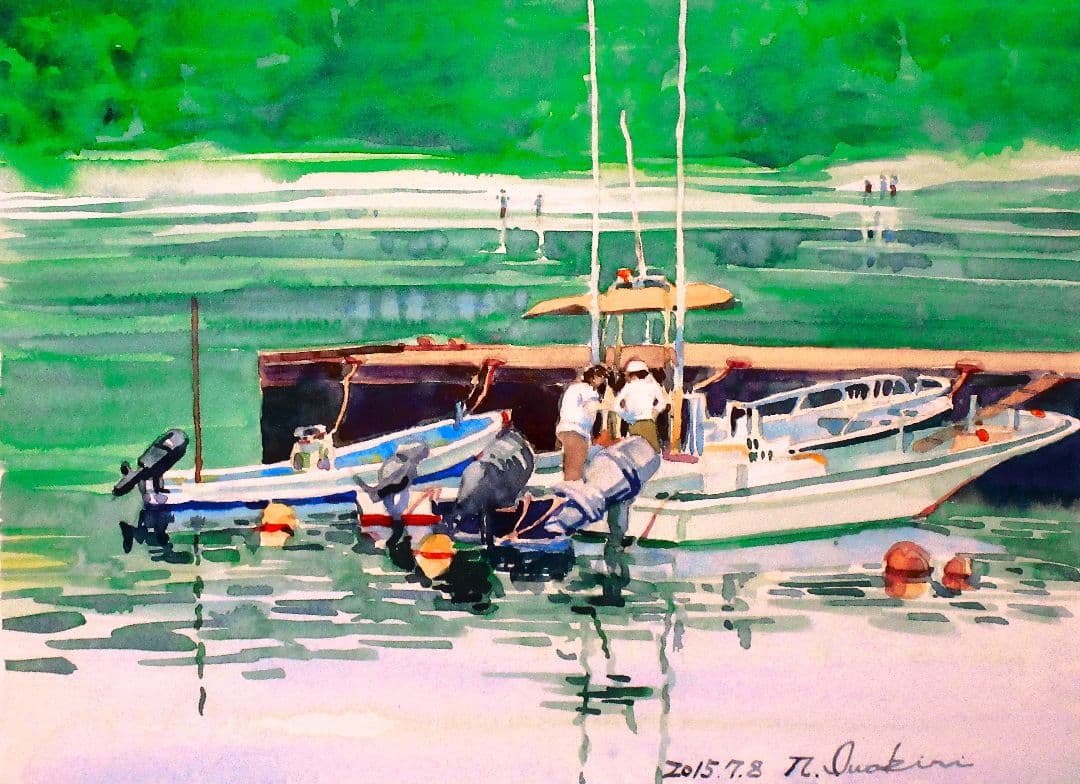 水彩画 (出港準備)額縁付き