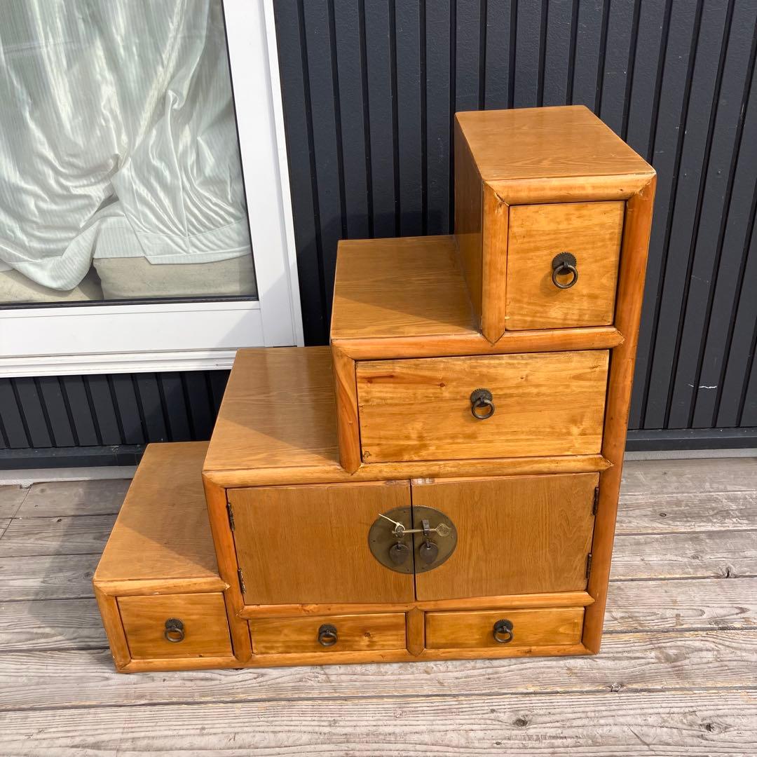 ② 昭和レトロ 中国古典家具 木製 階段箪笥 サイドボード 古家具 両面引き出し