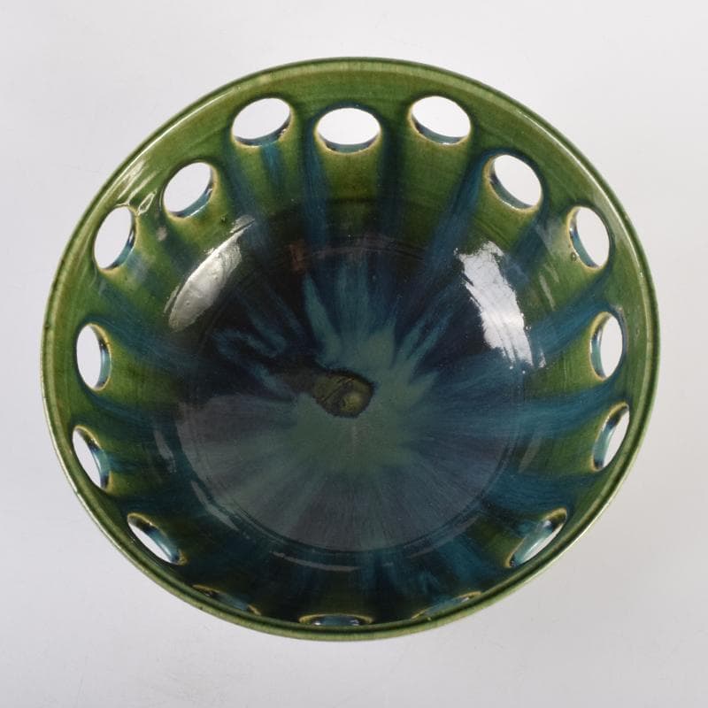 美濃焼　加藤光右衛門作　織部　水玉透かし鉢　共箱　C　6951A