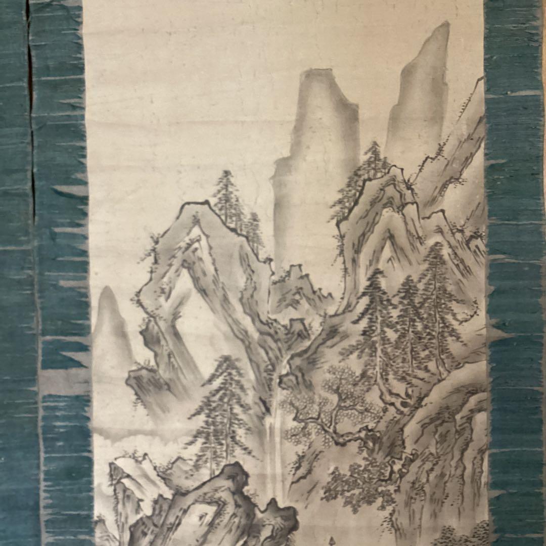 狩野山楽　【紙本水墨画双幅　楼閣山水図】　共箱　　掛軸双幅　　軸先は骨　稀有品