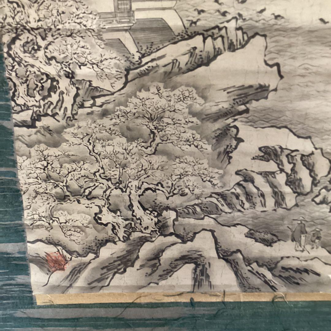 狩野山楽　【紙本水墨画双幅　楼閣山水図】　共箱　　掛軸双幅　　軸先は骨　稀有品