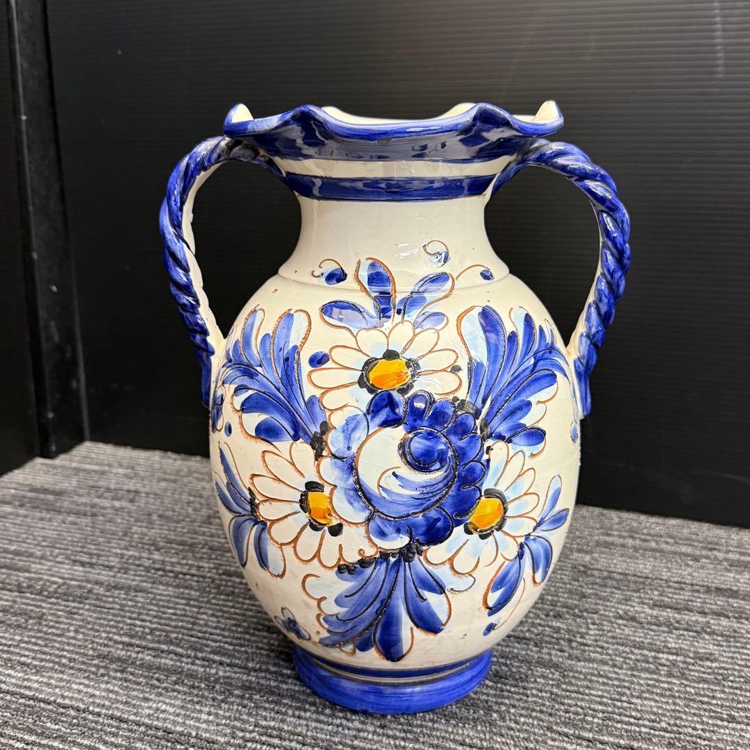 ヴィンテージ スペイン風 陶器 花瓶 特大 オブジェ 31cm ツイストハンドル