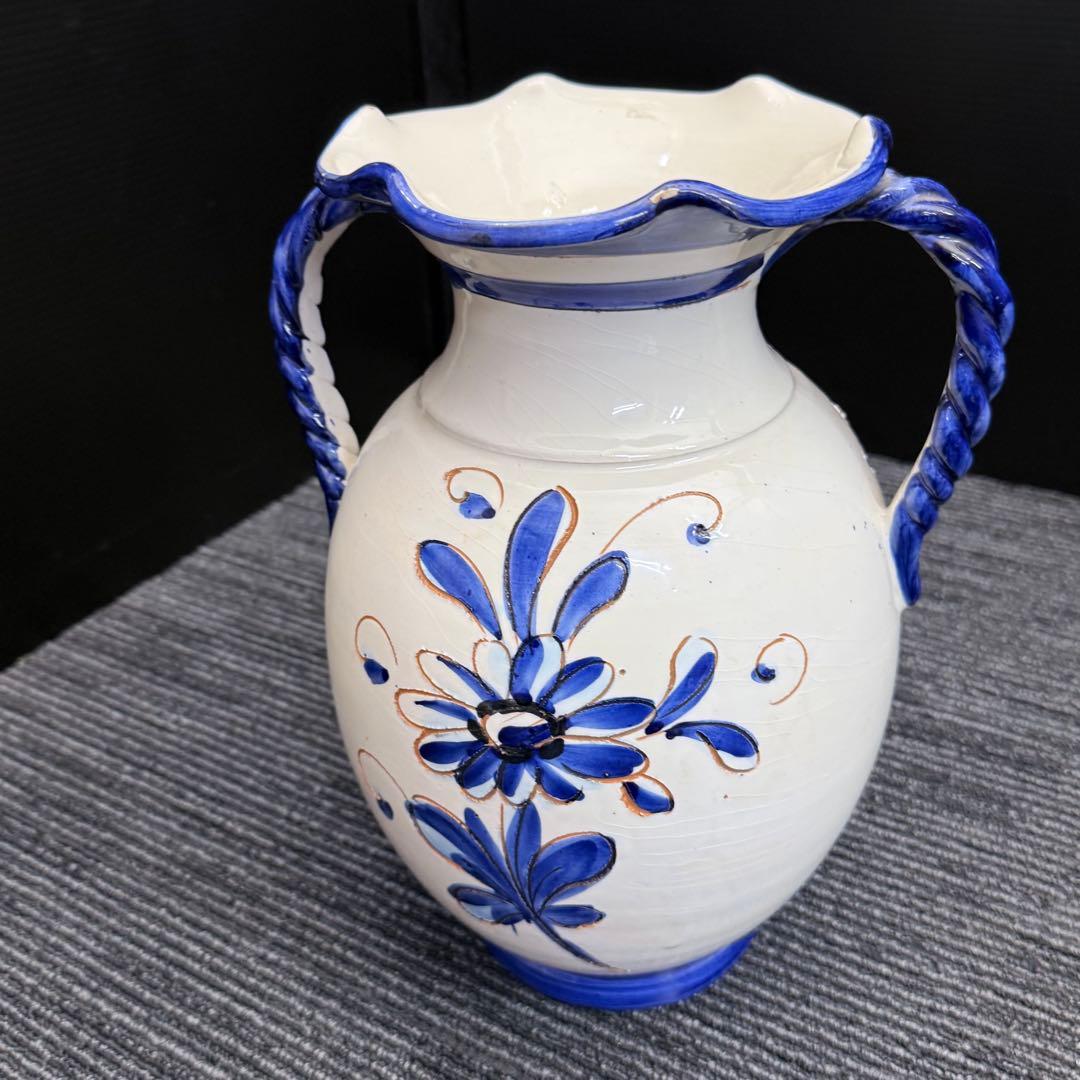 ヴィンテージ スペイン風 陶器 花瓶 特大 オブジェ 31cm ツイストハンドル
