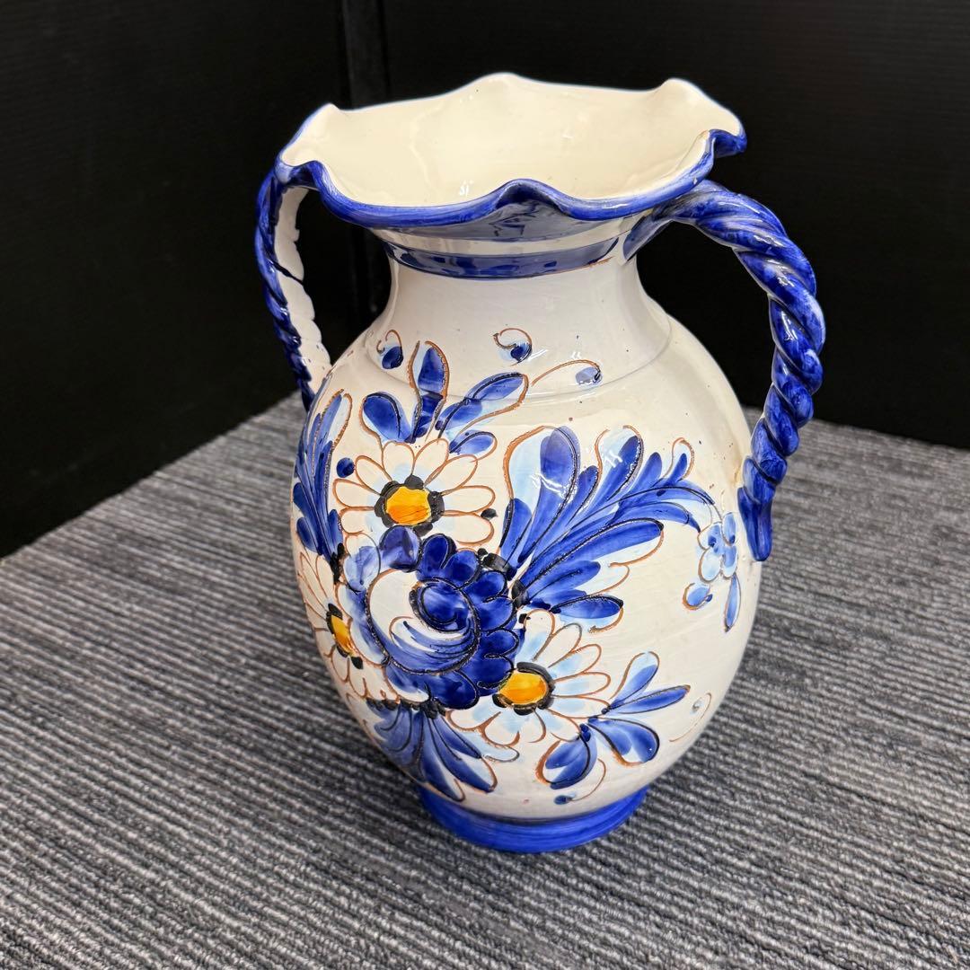 ヴィンテージ スペイン風 陶器 花瓶 特大 オブジェ 31cm ツイストハンドル